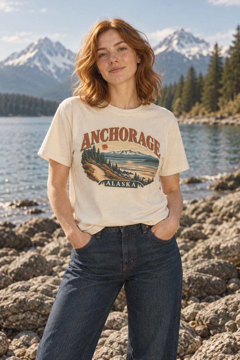 Model wearing the Anchorage Retro · Warm stone Vintage Wash Tee in Ivory