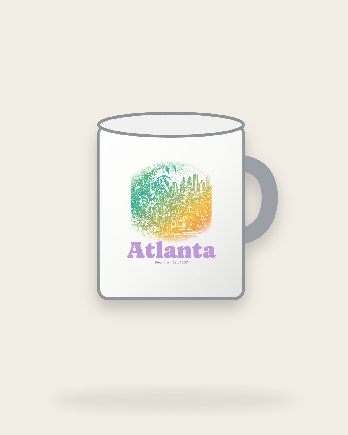 Atlanta Peach & Songbird Enamel Camp Mug in White