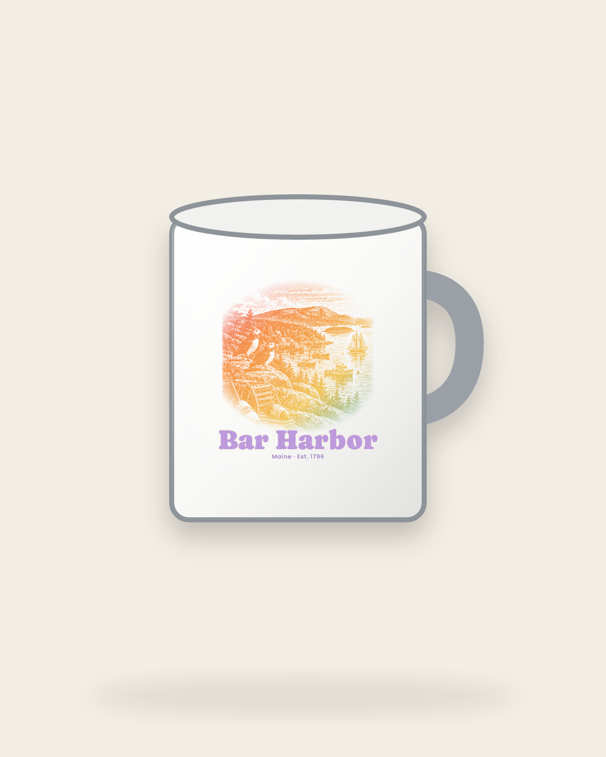 Bar Harbor Harbor Puffins Enamel Camp Mug in White