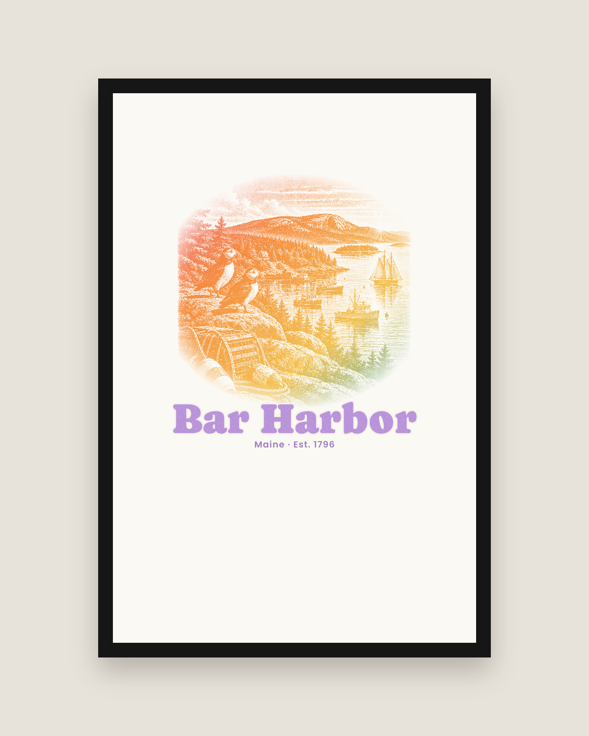 Bar Harbor Harbor Puffins Matte Poster in White
