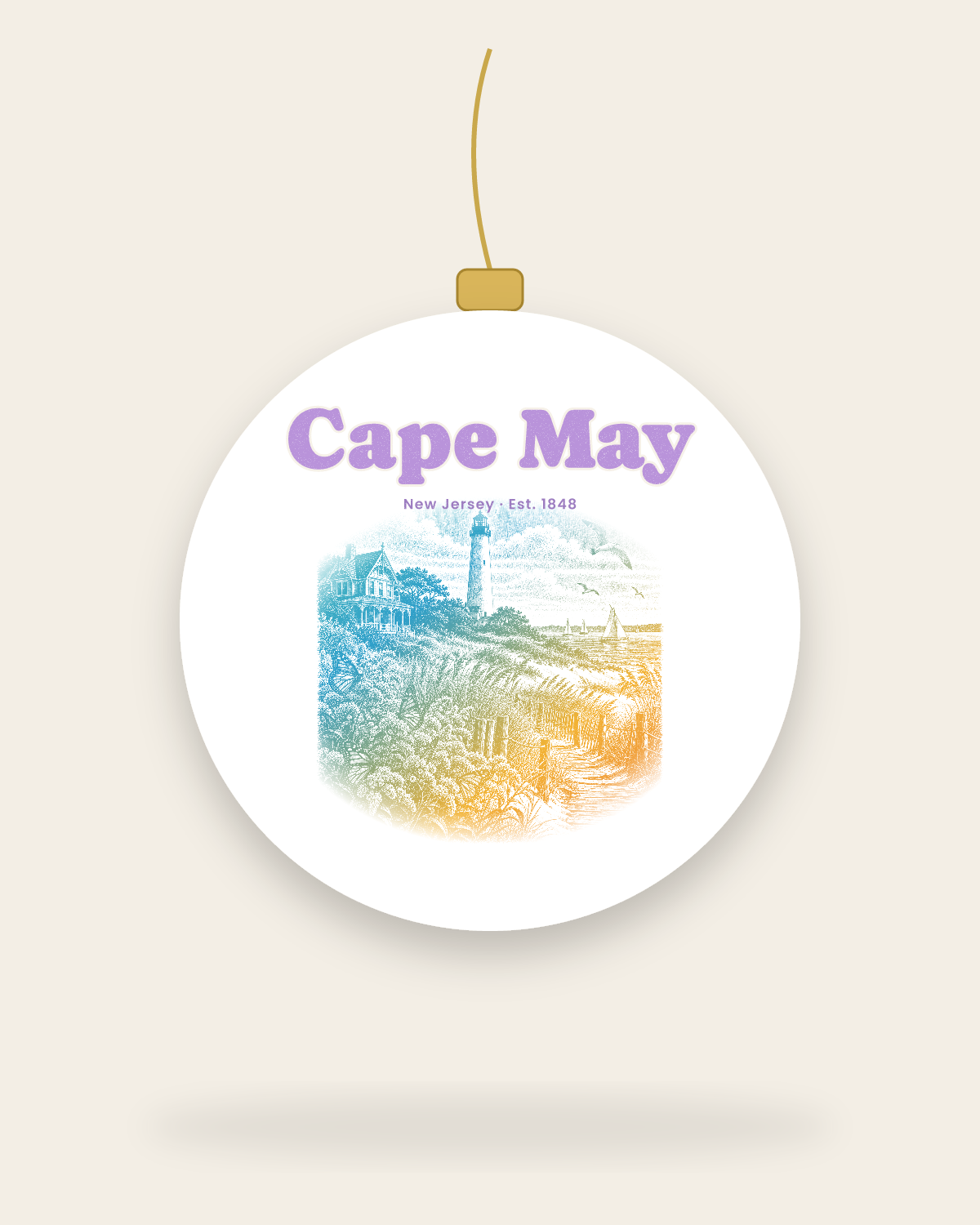 Cape May Lighthouse & Monarchs Ceramic Ornament in White