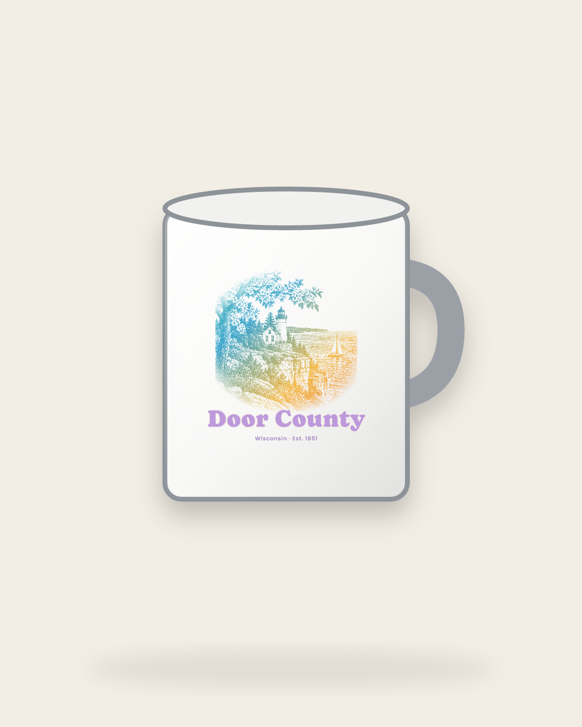 Door County Cherry Blossom Lighthouse Enamel Camp Mug in White