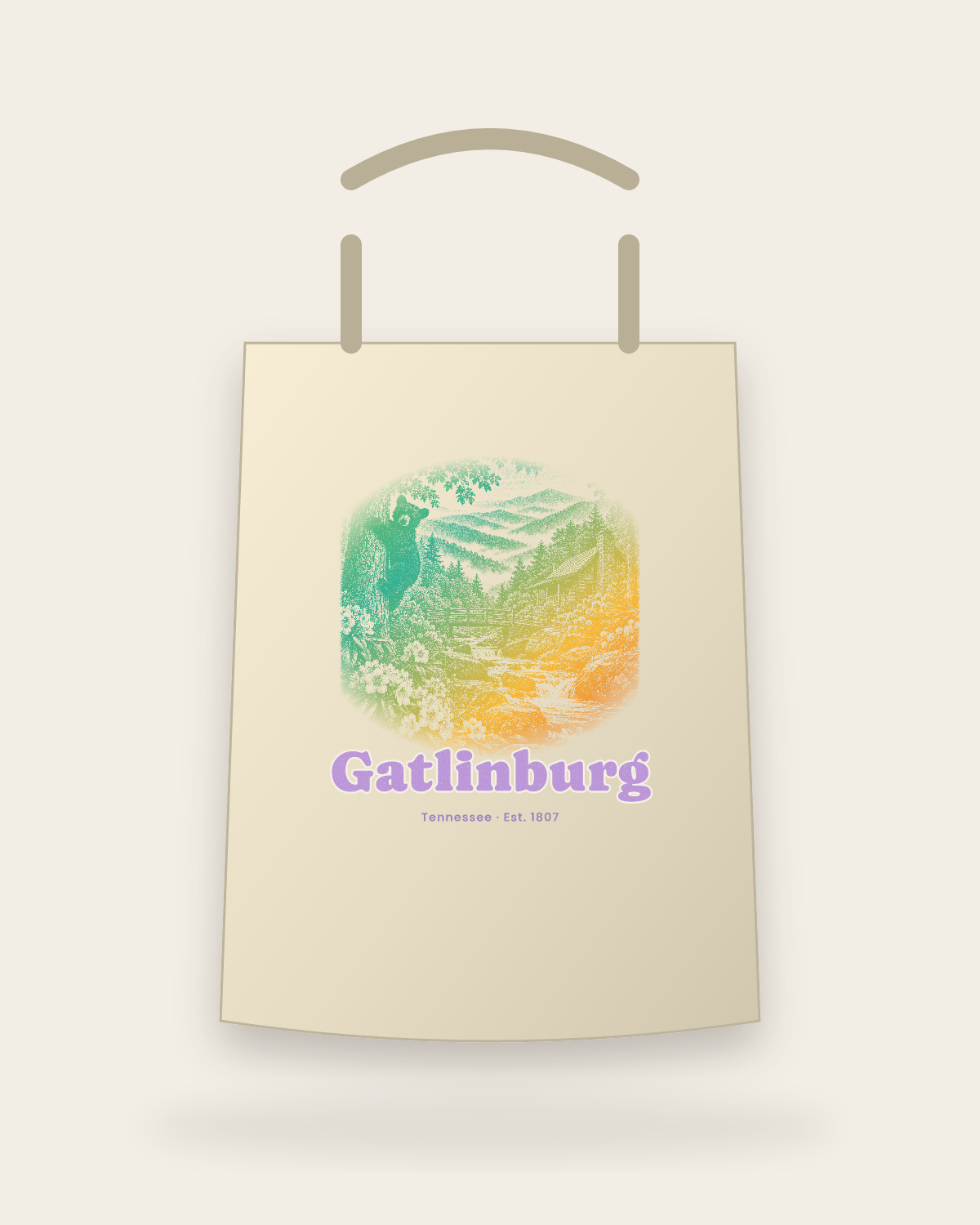 Gatlinburg Cabin Creek Bear Canvas Tote in Beige