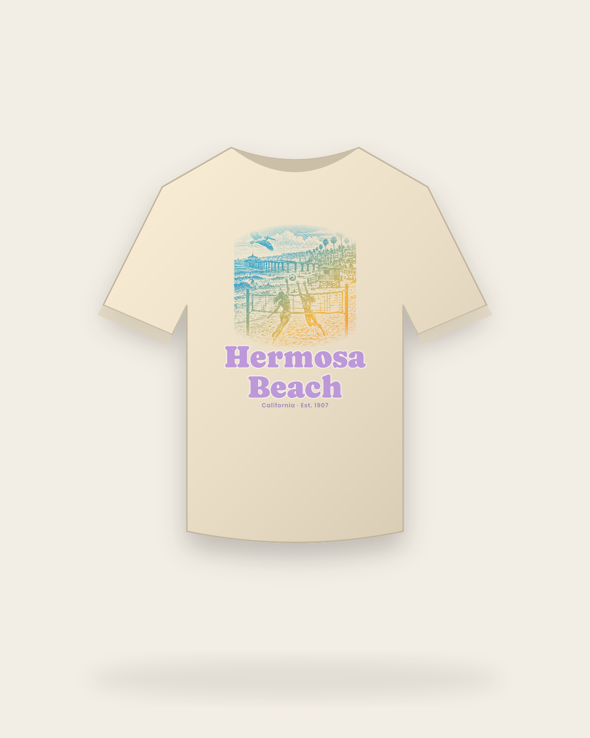 Hermosa Beach, CA Beach Volleyball Classic Tee in Natural