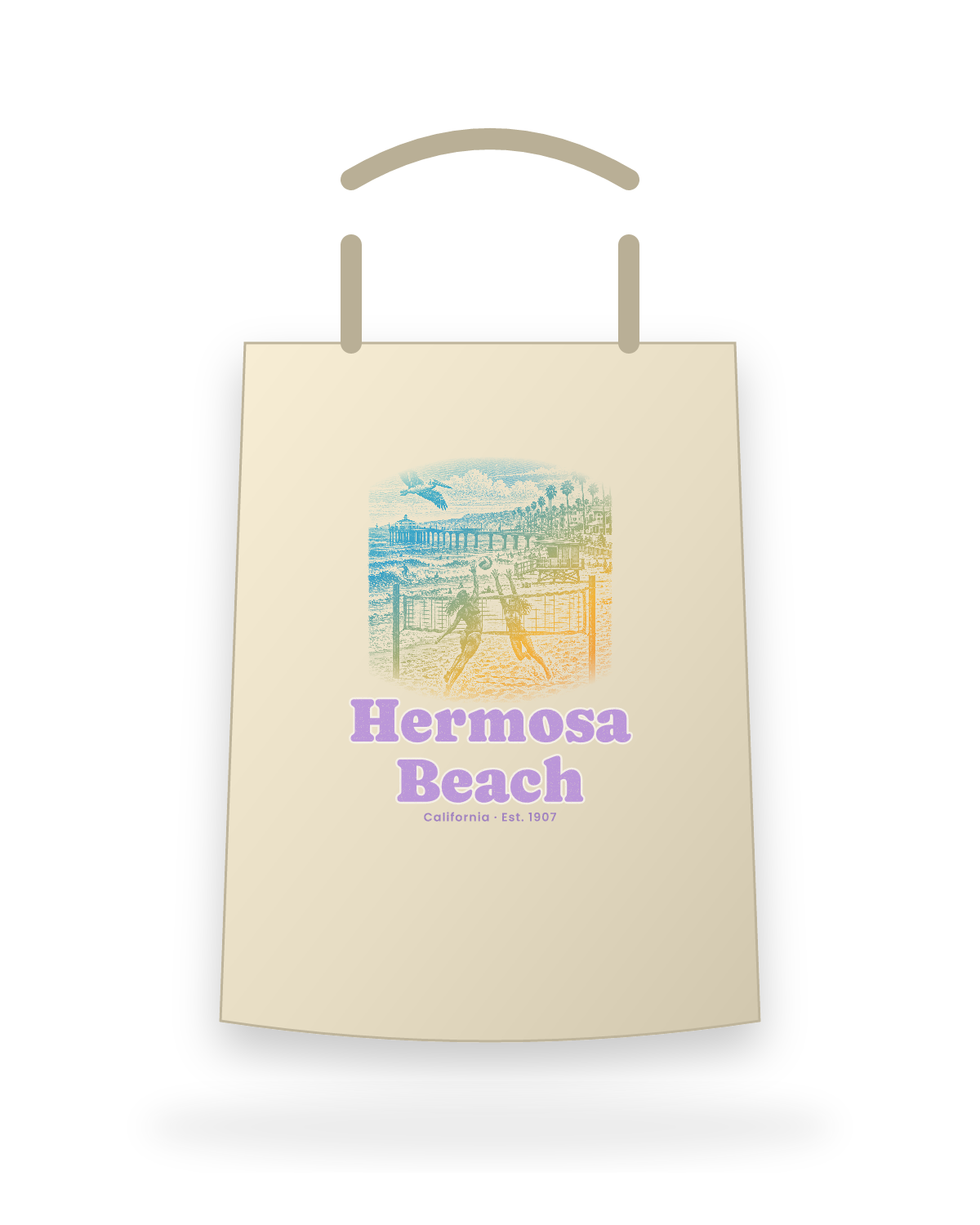 Hermosa Beach Beach Volleyball Canvas Tote in Beige