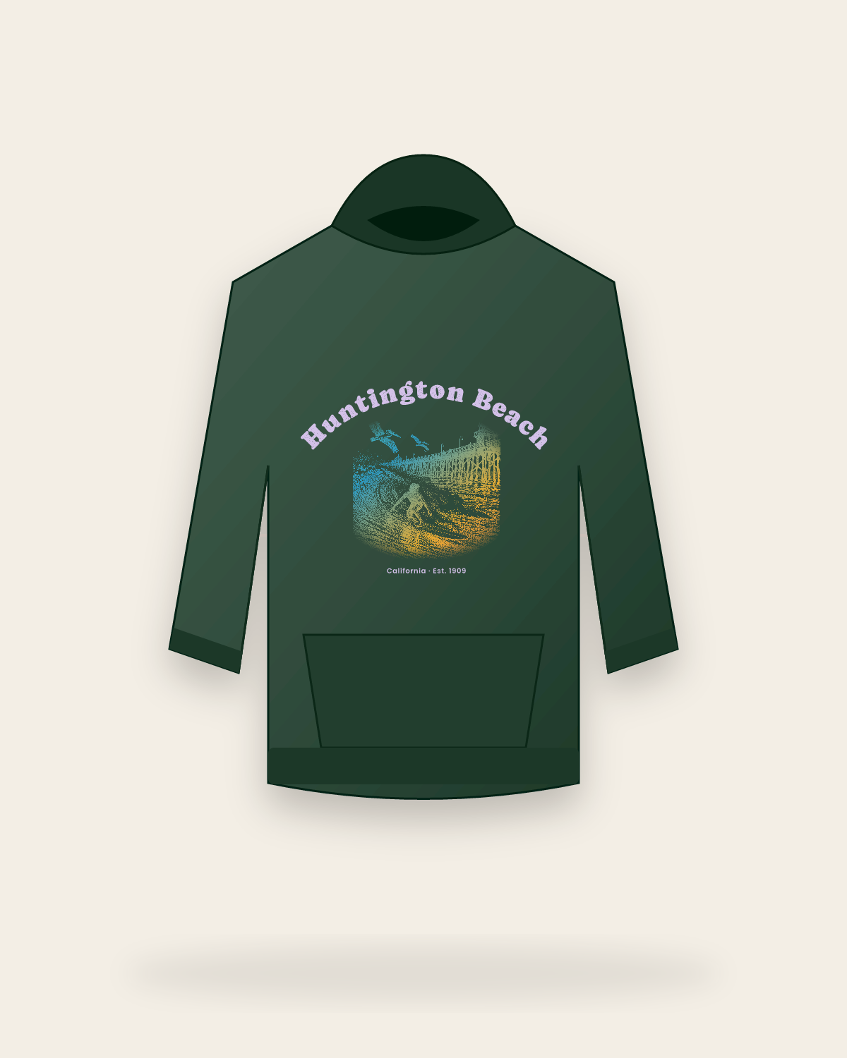 Huntington Beach Pier Surfer Hooded Sweatshirt in Forest Green