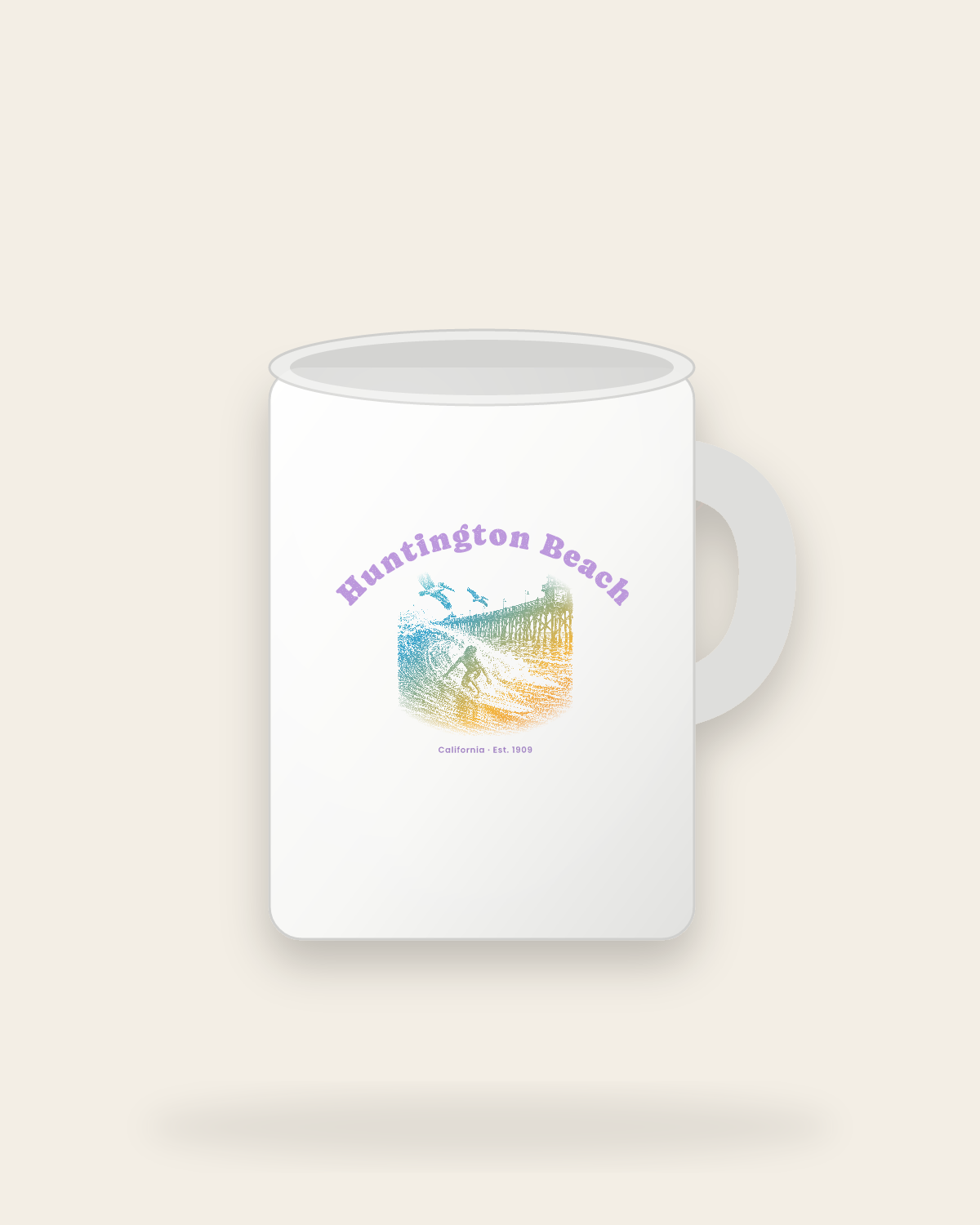 Huntington Beach Pier Surfer Ceramic Mug 15oz in White