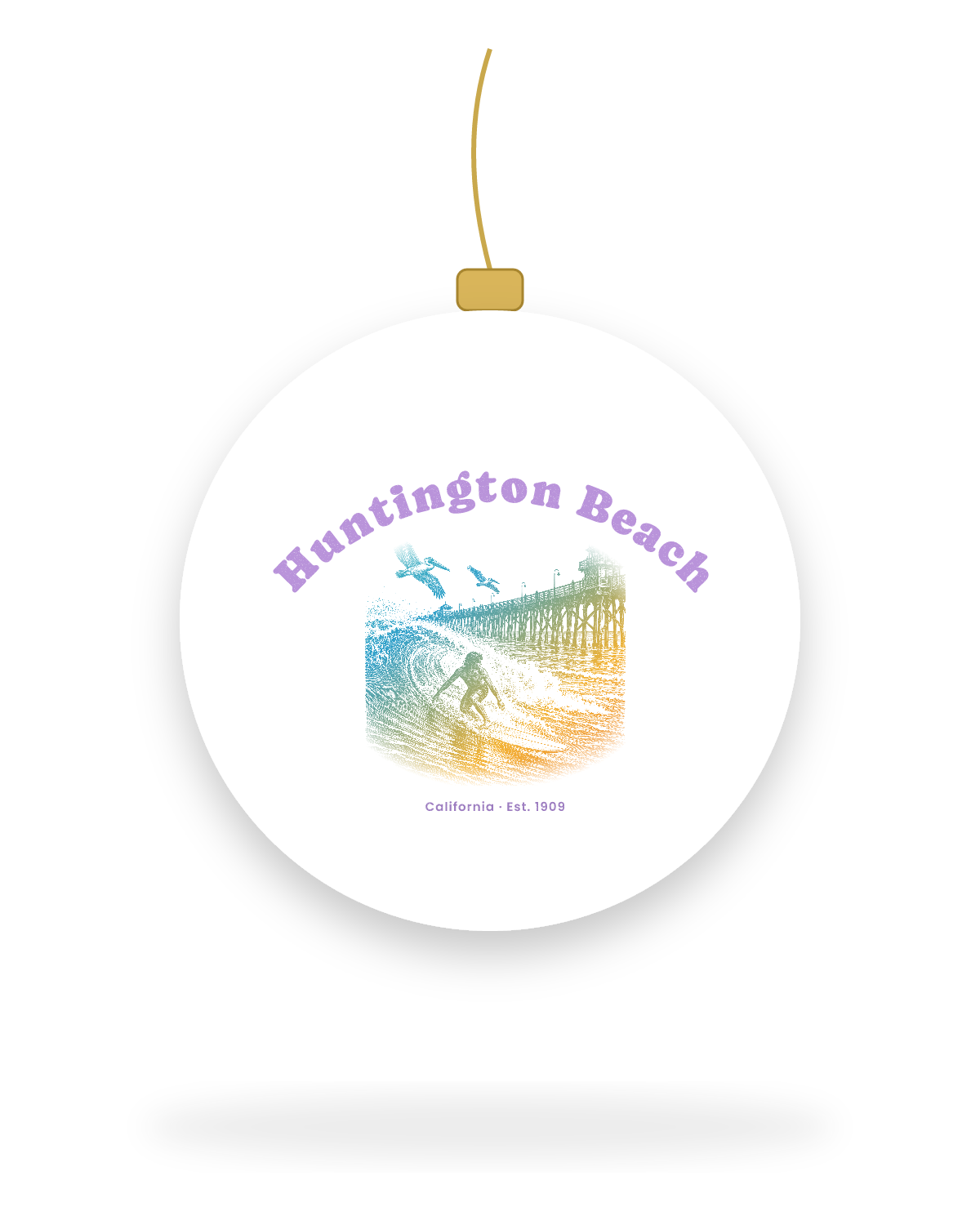 Huntington Beach Pier Surfer Ceramic Ornament in White