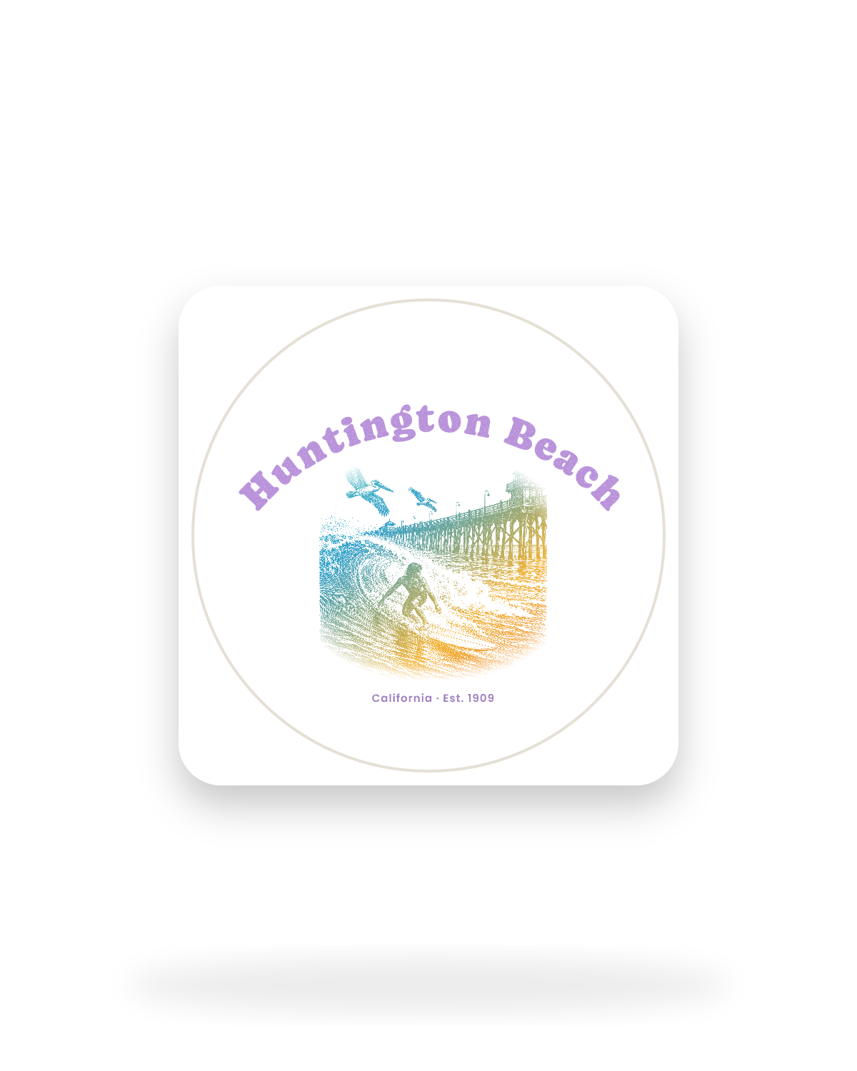Huntington Beach Pier Surfer Kiss-Cut Sticker in White