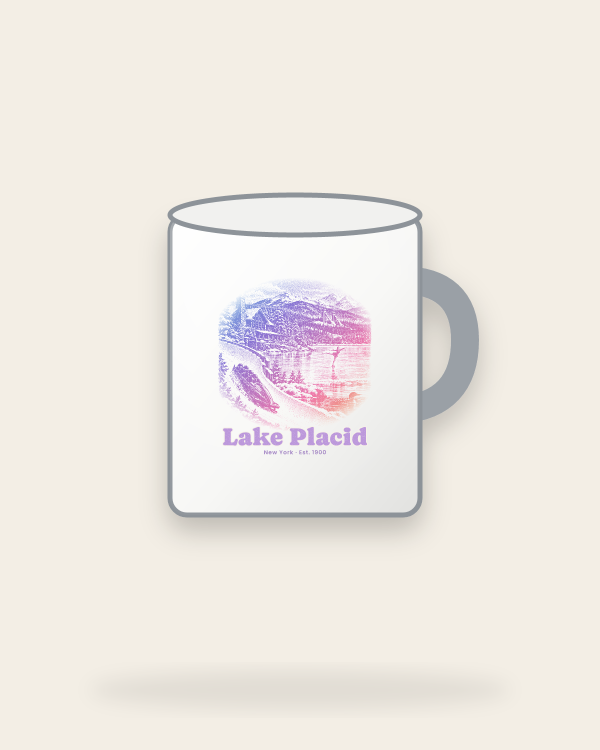 Lake Placid Winter Village Enamel Camp Mug in White