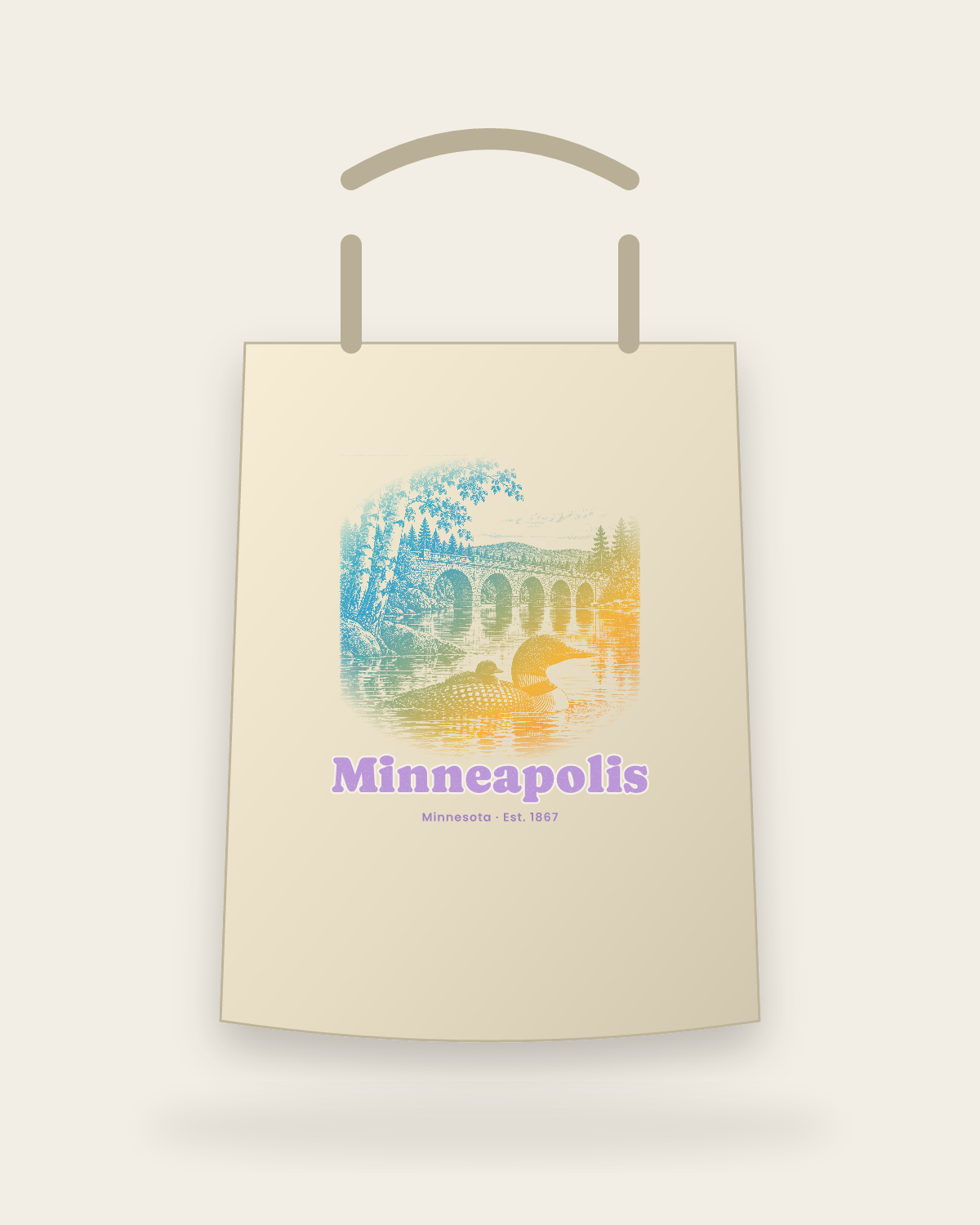 Minneapolis Loon & Stone Arch Canvas Tote in Beige