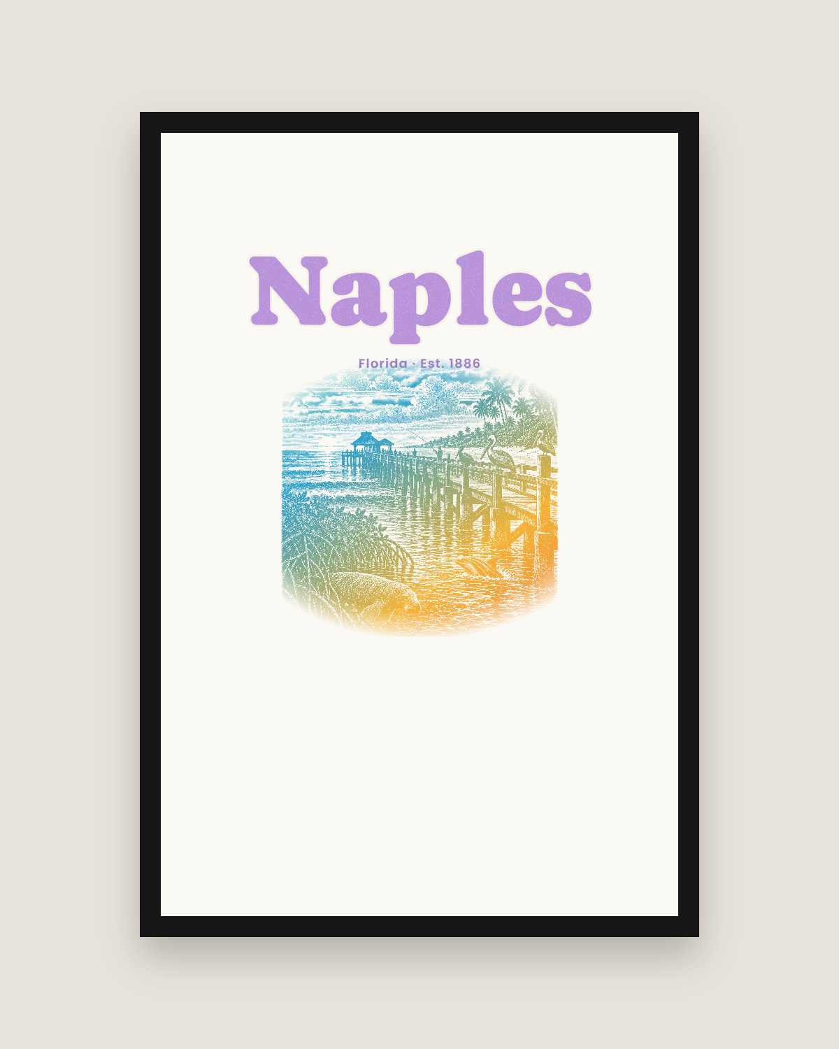 Naples Pier Pelicans Matte Poster in White