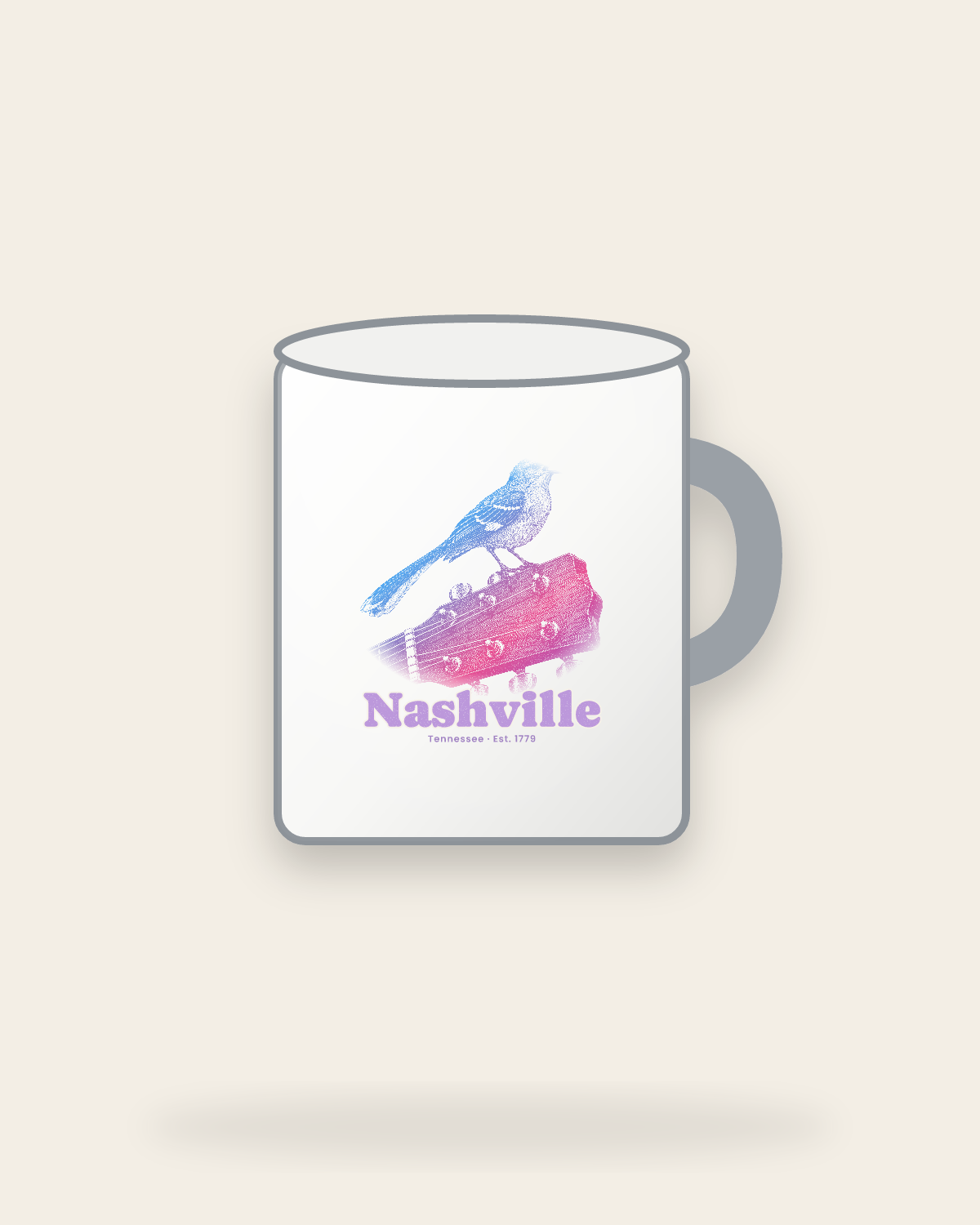 Nashville Mockingbird & Guitar Enamel Camp Mug in White
