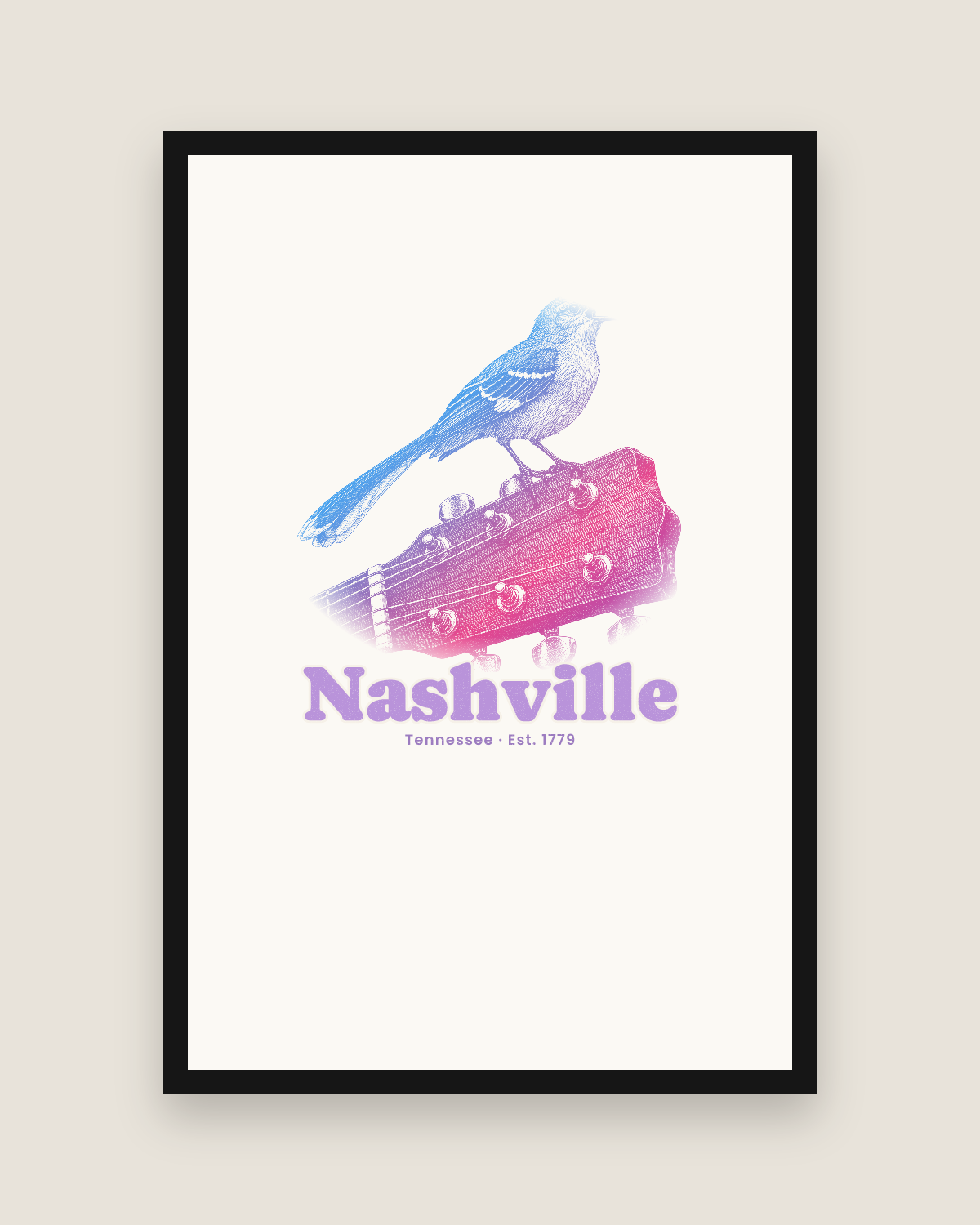 Nashville Mockingbird & Guitar Matte Poster in White