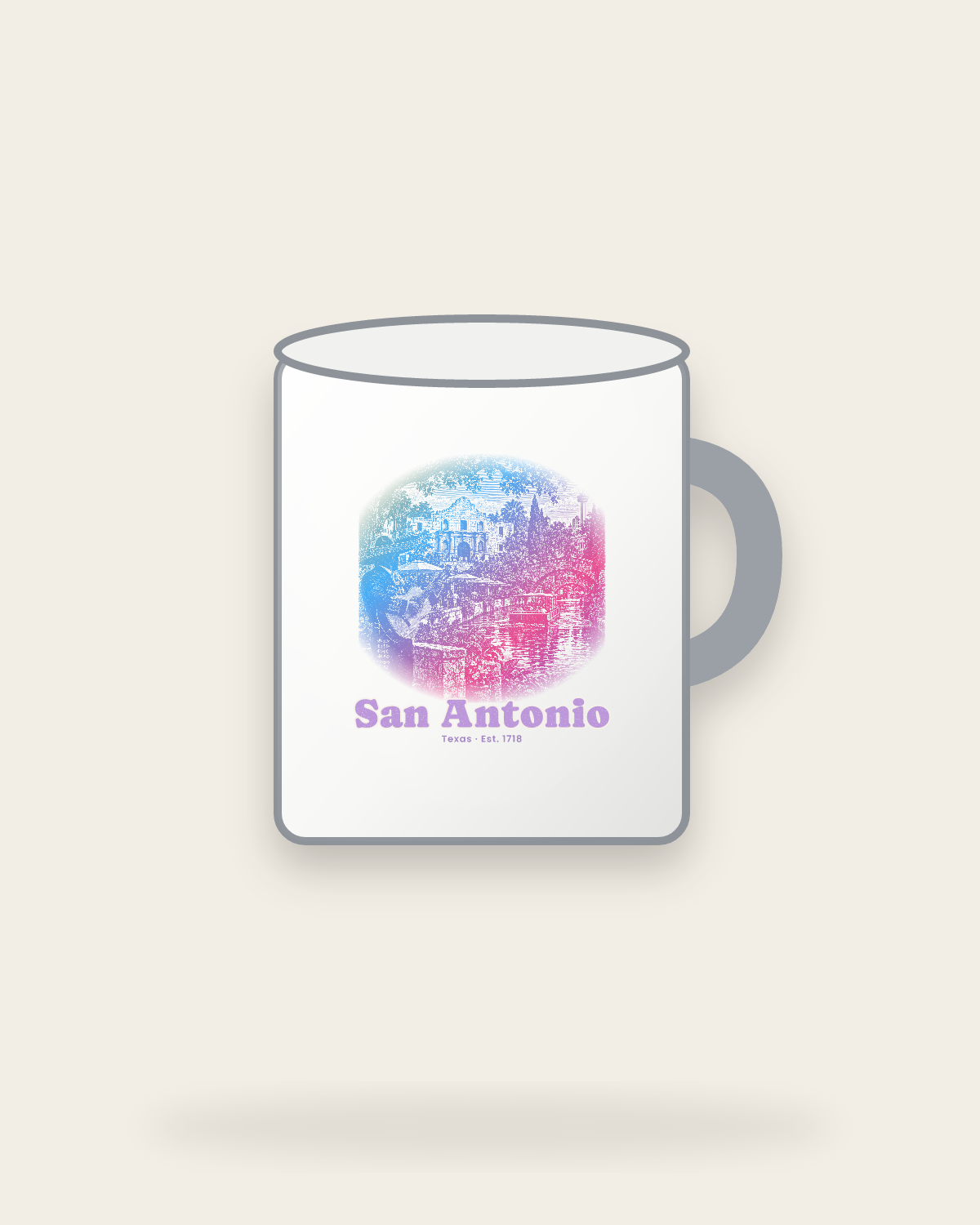 San Antonio Mission & River Walk Enamel Camp Mug in White
