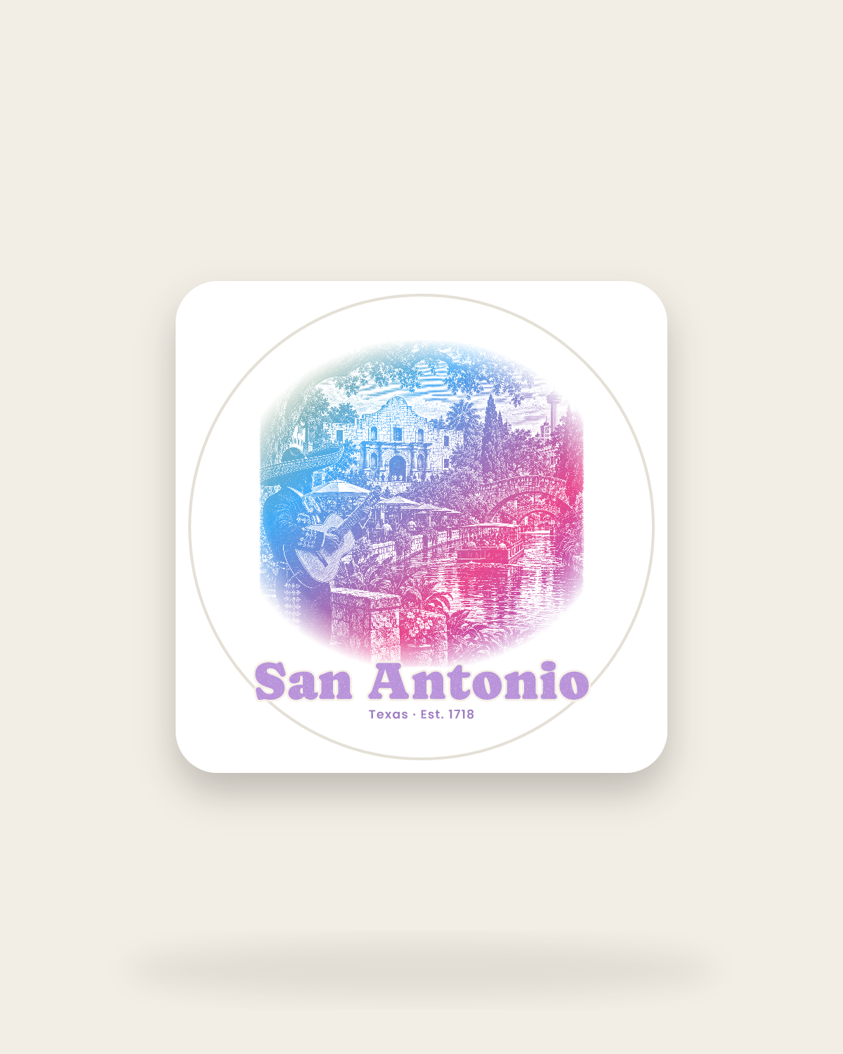 San Antonio Mission & River Walk Kiss-Cut Sticker in White