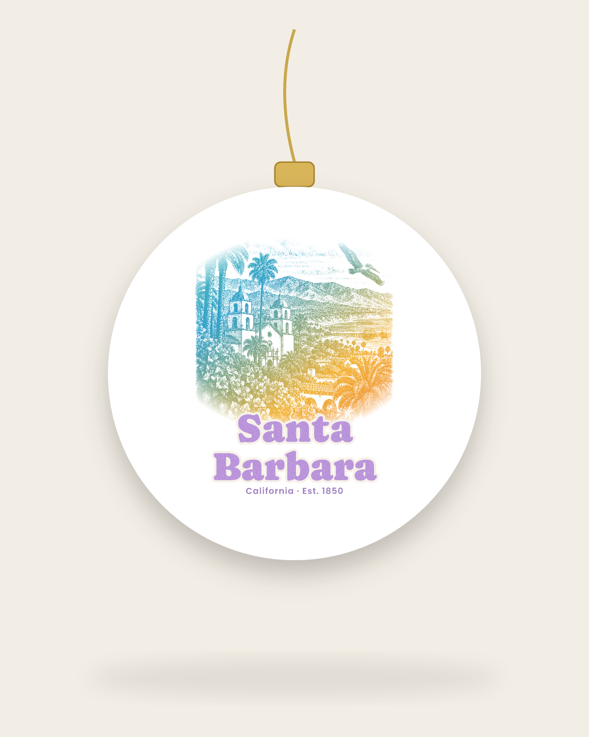 Santa Barbara Mission & Palms Ceramic Ornament in White