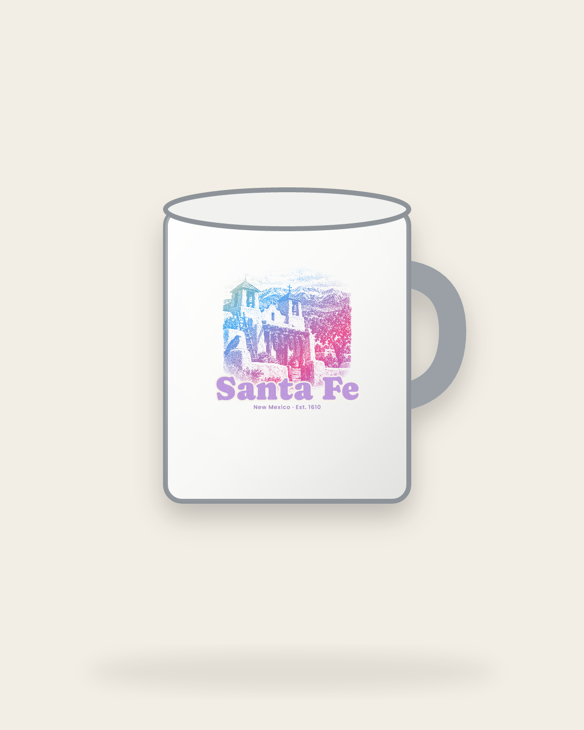 Santa Fe Adobe Church Enamel Camp Mug in White