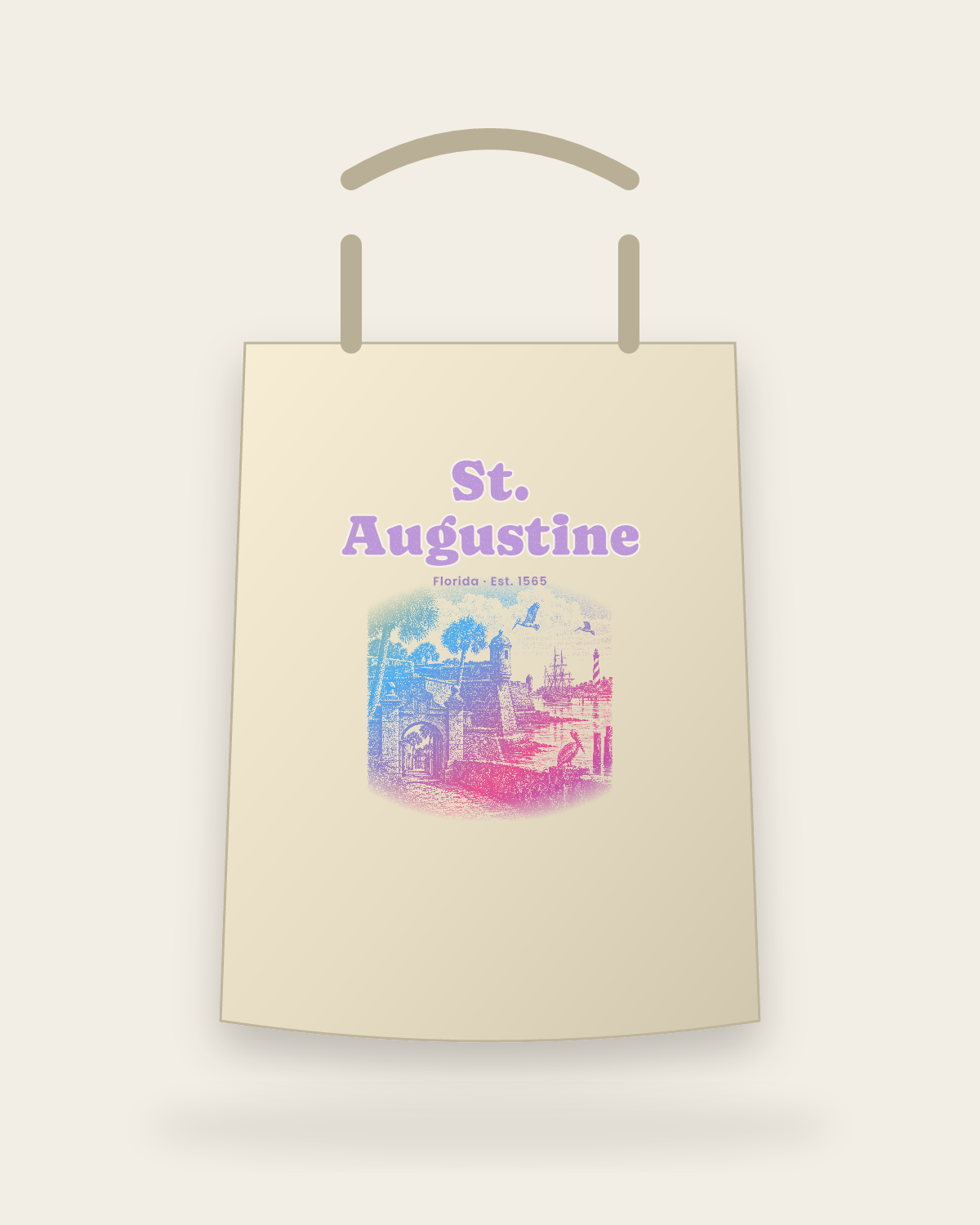 St. Augustine Old Fort & Lighthouse Canvas Tote in Beige