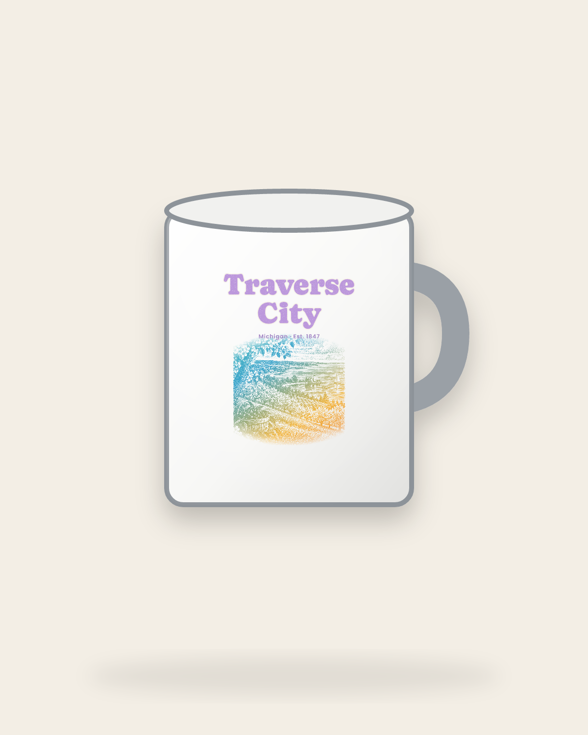 Traverse City Cherry Blossom Bay Enamel Camp Mug in White