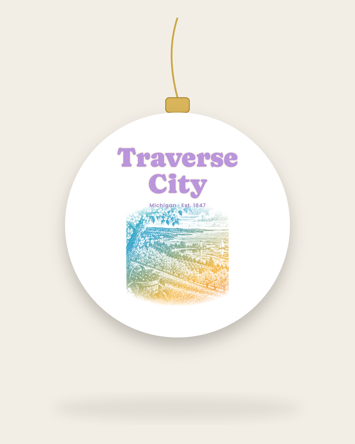 Traverse City Cherry Blossom Bay Ceramic Ornament in White